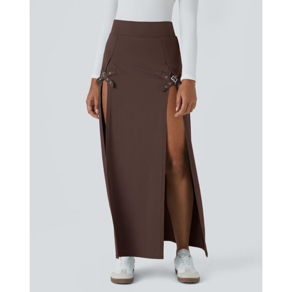Halara High Waisted Decorative Buckle Split 2-in-1 Maxi Casual Skirt Sz Large Br - Picture 10 of 10